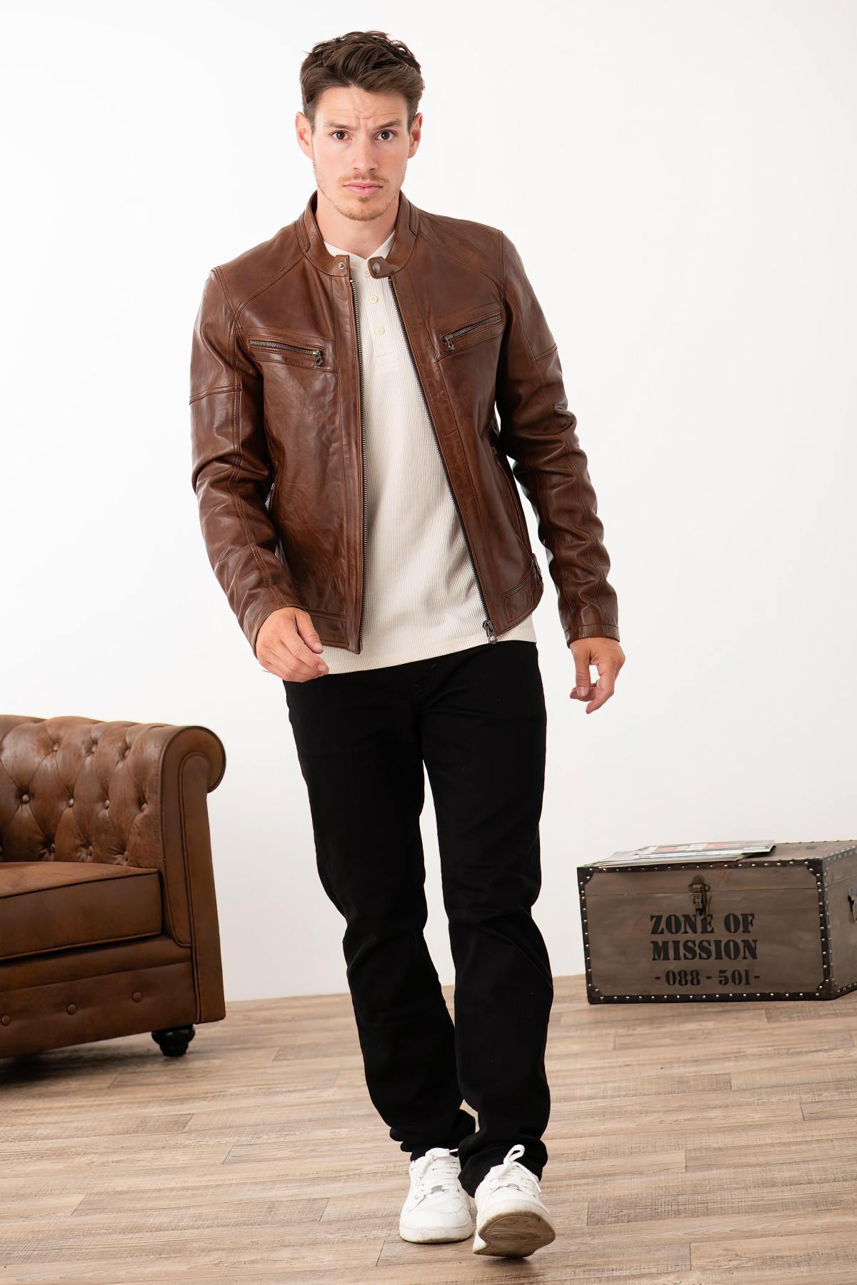 Dark cognac lambskin leather biker collar jacket - Image n°2