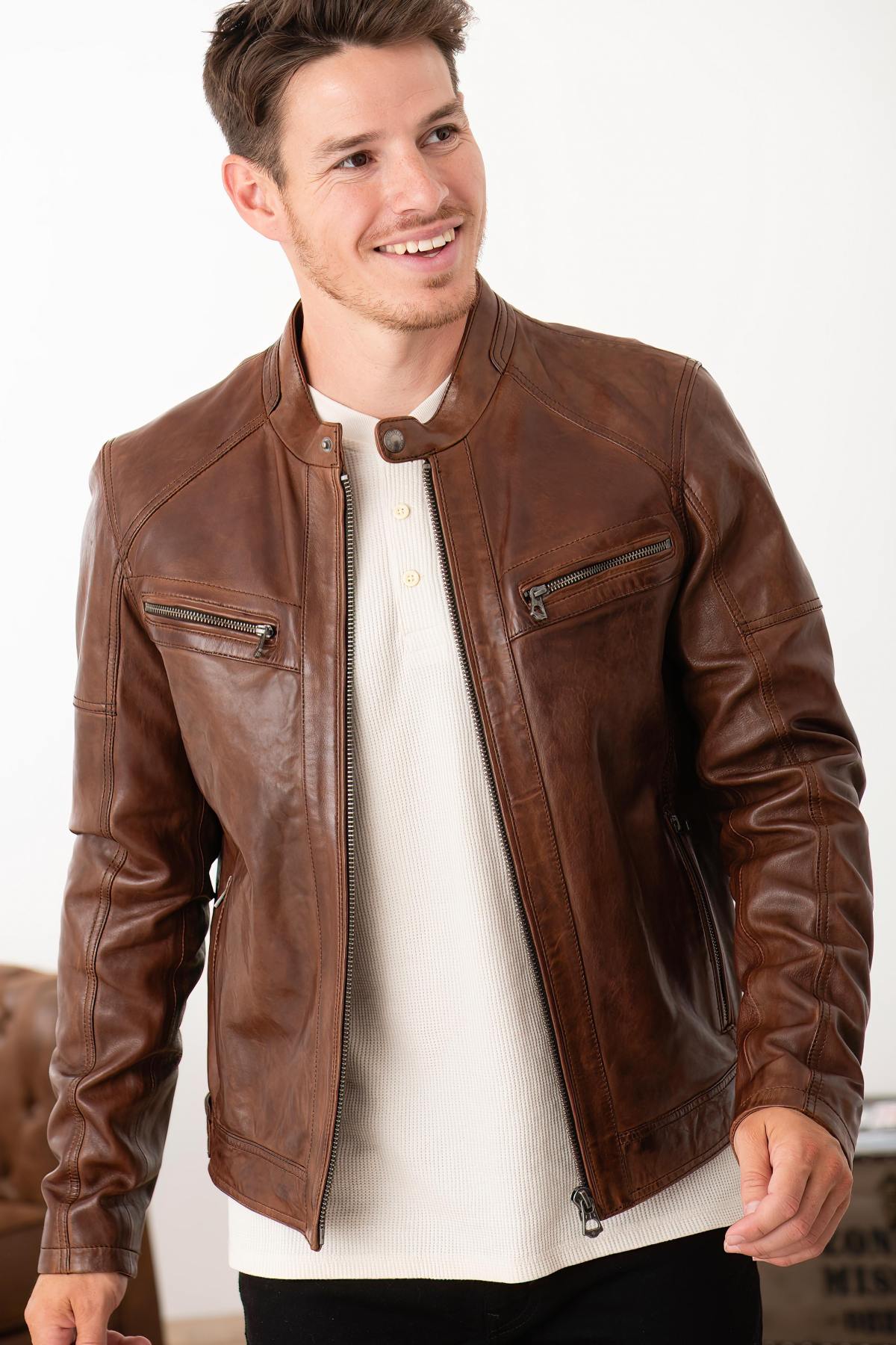 Dark cognac lambskin leather biker collar jacket - Image n°1