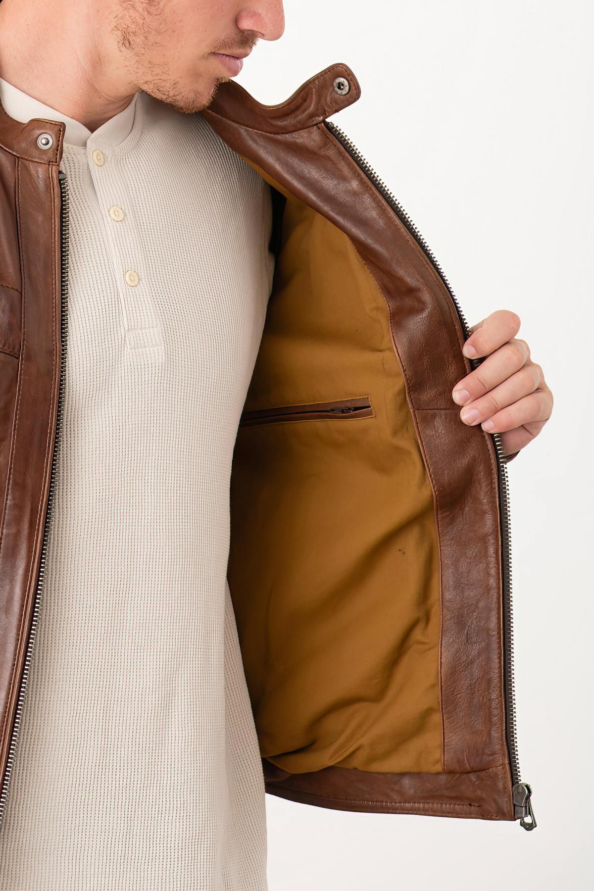 Dark cognac lambskin leather biker collar jacket - Image n°7