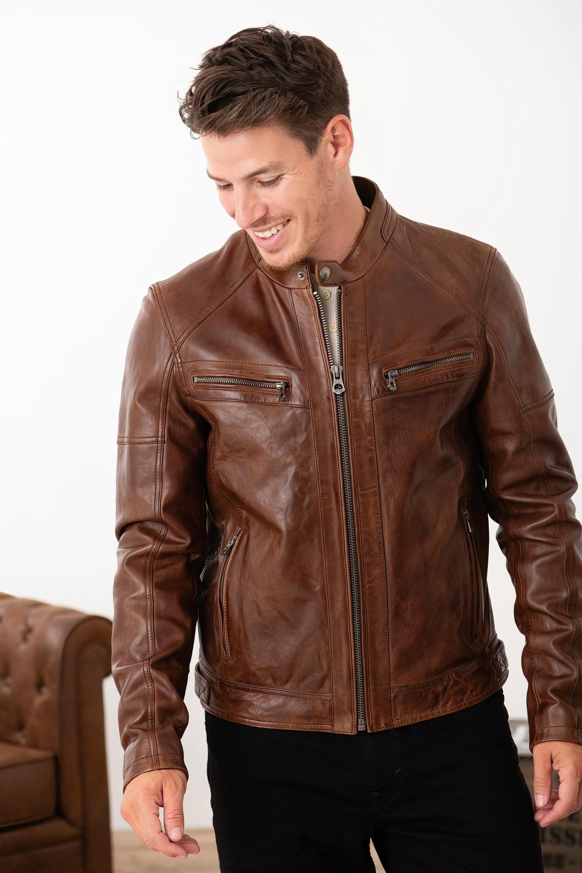 Dark cognac lambskin leather biker collar jacket - Image n°4