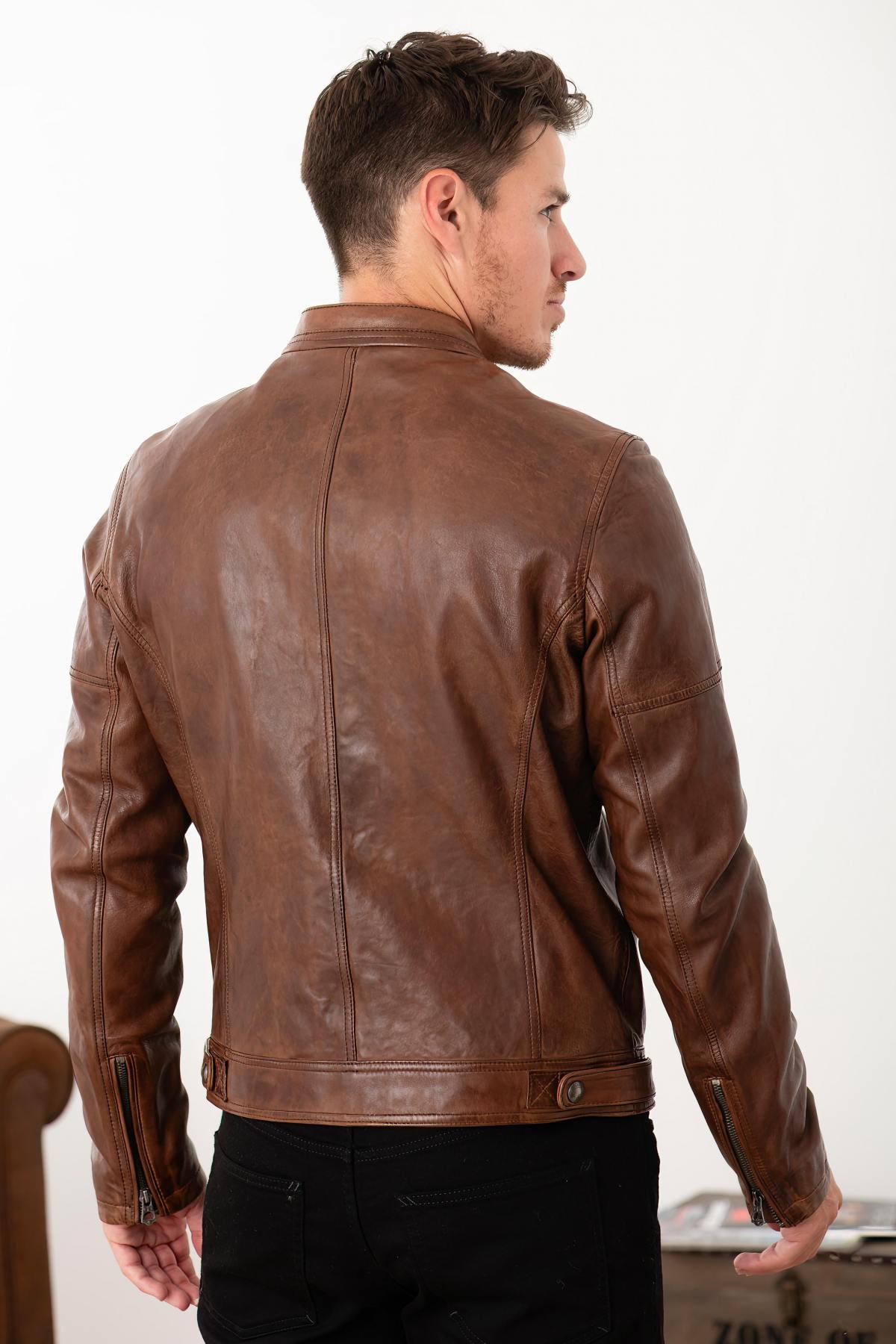 Dark cognac lambskin leather biker collar jacket - Image n°5