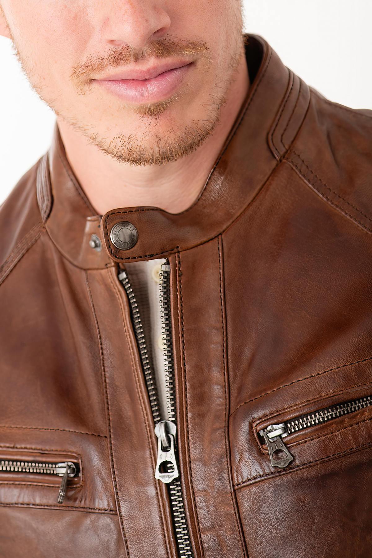 Dark cognac lambskin leather biker collar jacket - Image n°6