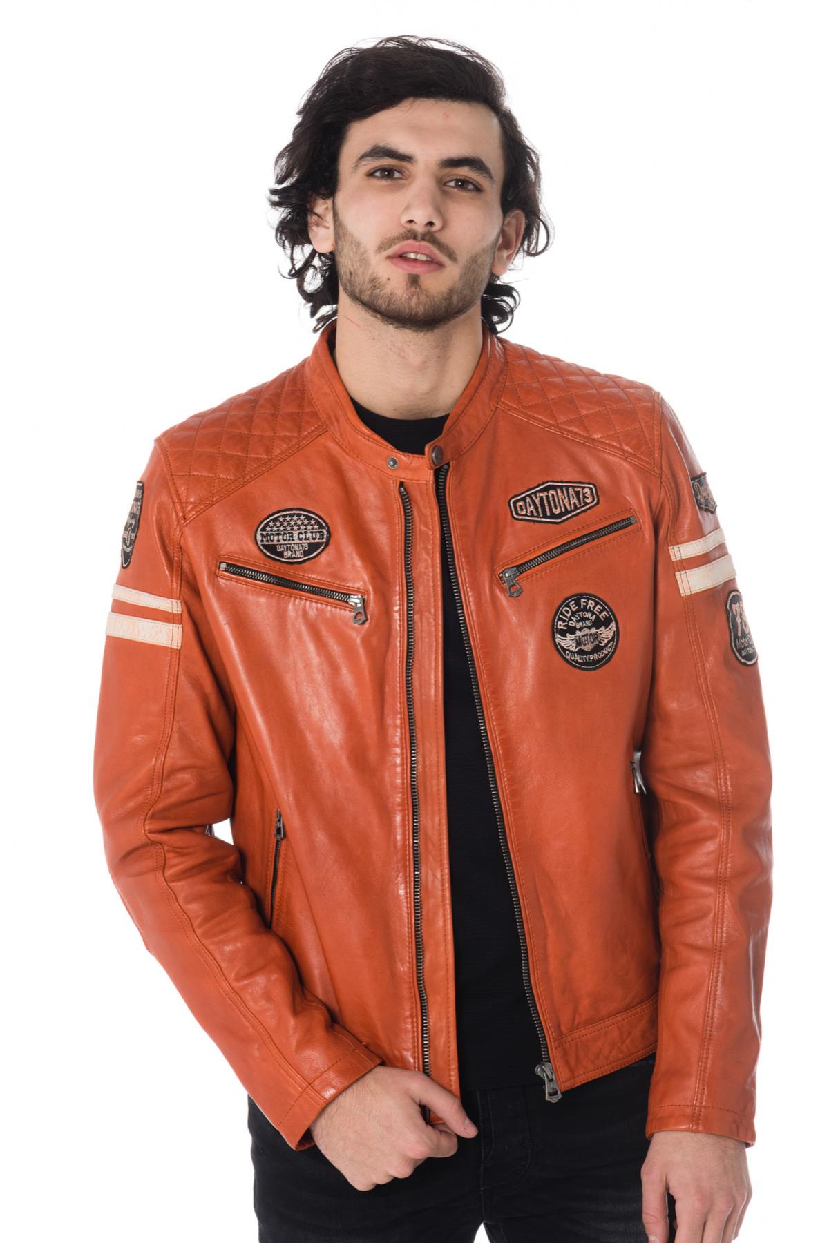 Orange leather biker jacket with patches - Image n°3