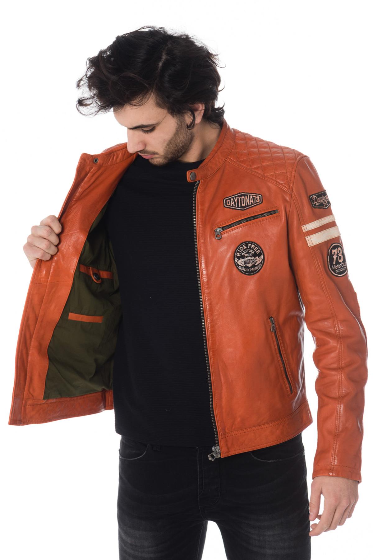 Orange leather biker jacket with patches - Image n°5