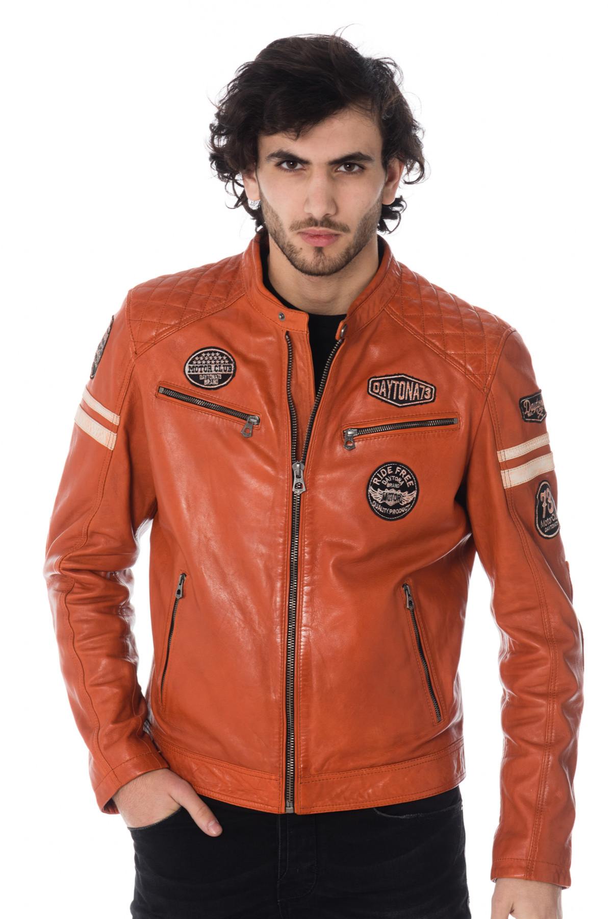 Orange leather biker jacket with patches - Image n°1