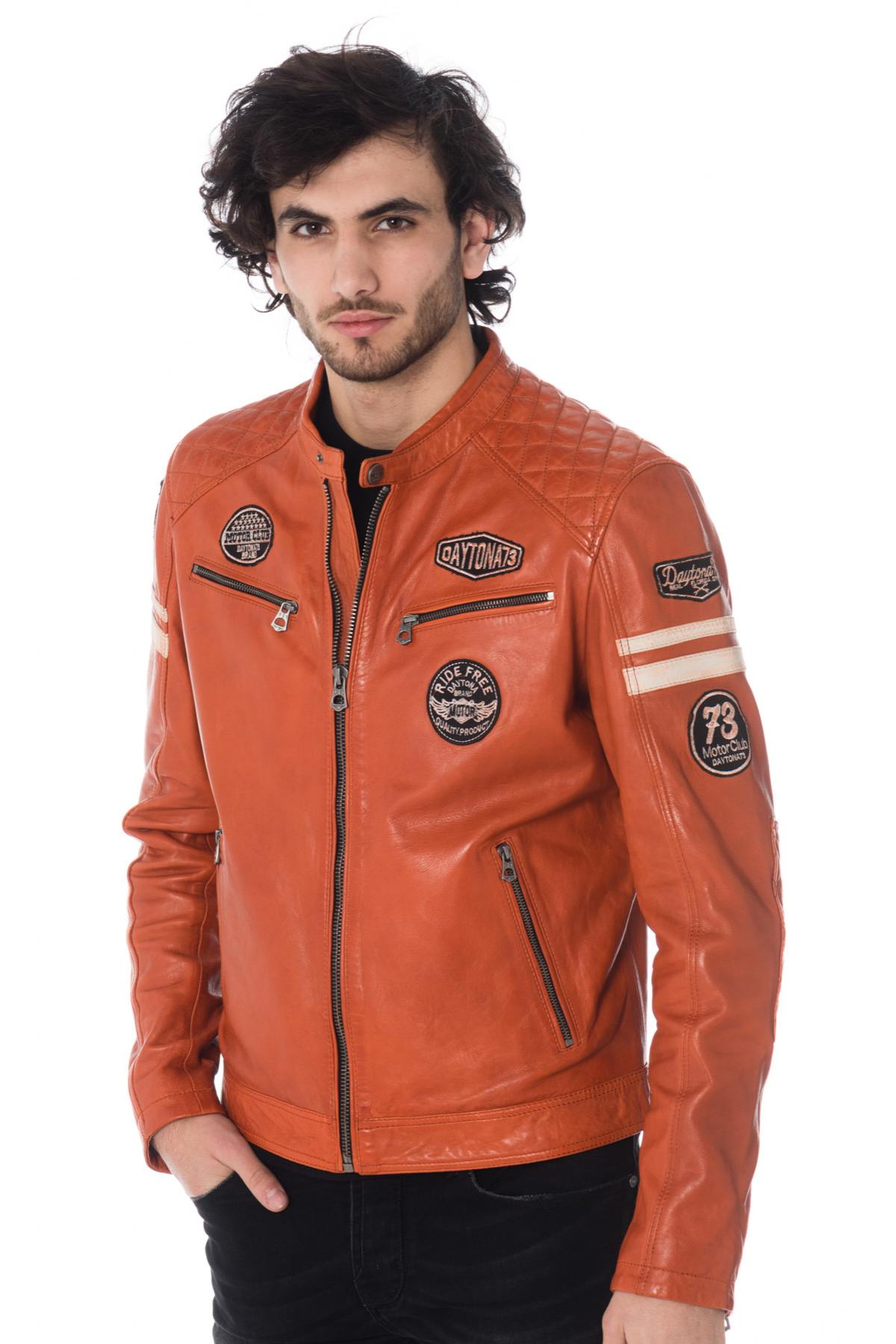 Orange leather biker jacket with patches - Image n°4