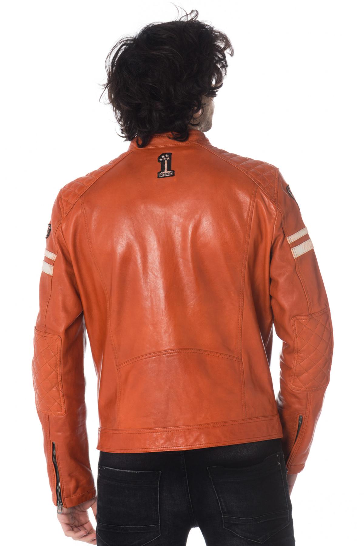 Orange leather biker jacket with patches - Image n°6