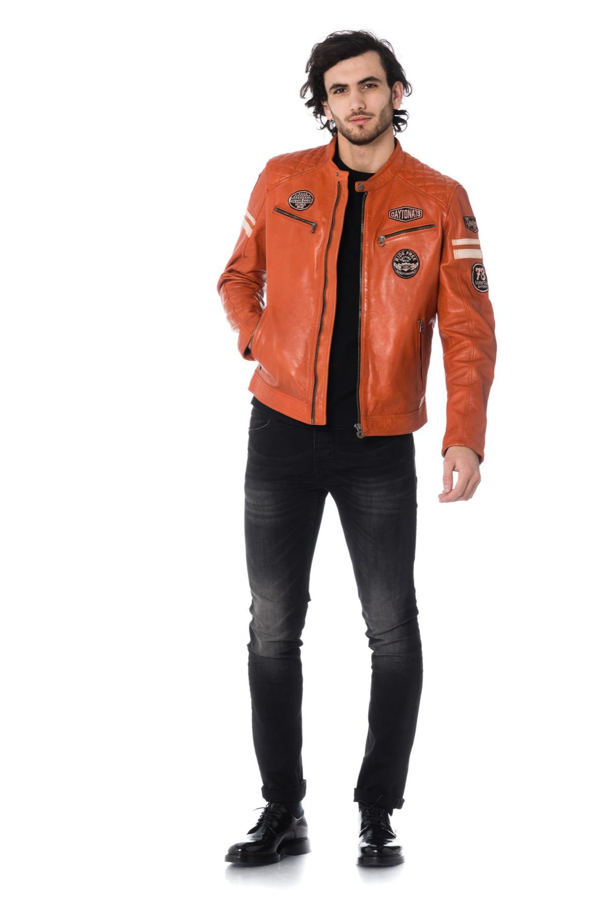 Orange leather biker jacket with patches - Image n°2