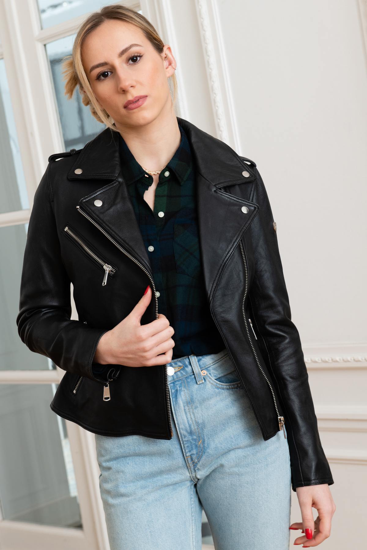  Sheepskin leather Biker Jacket with denim patch on the back - Image n°2