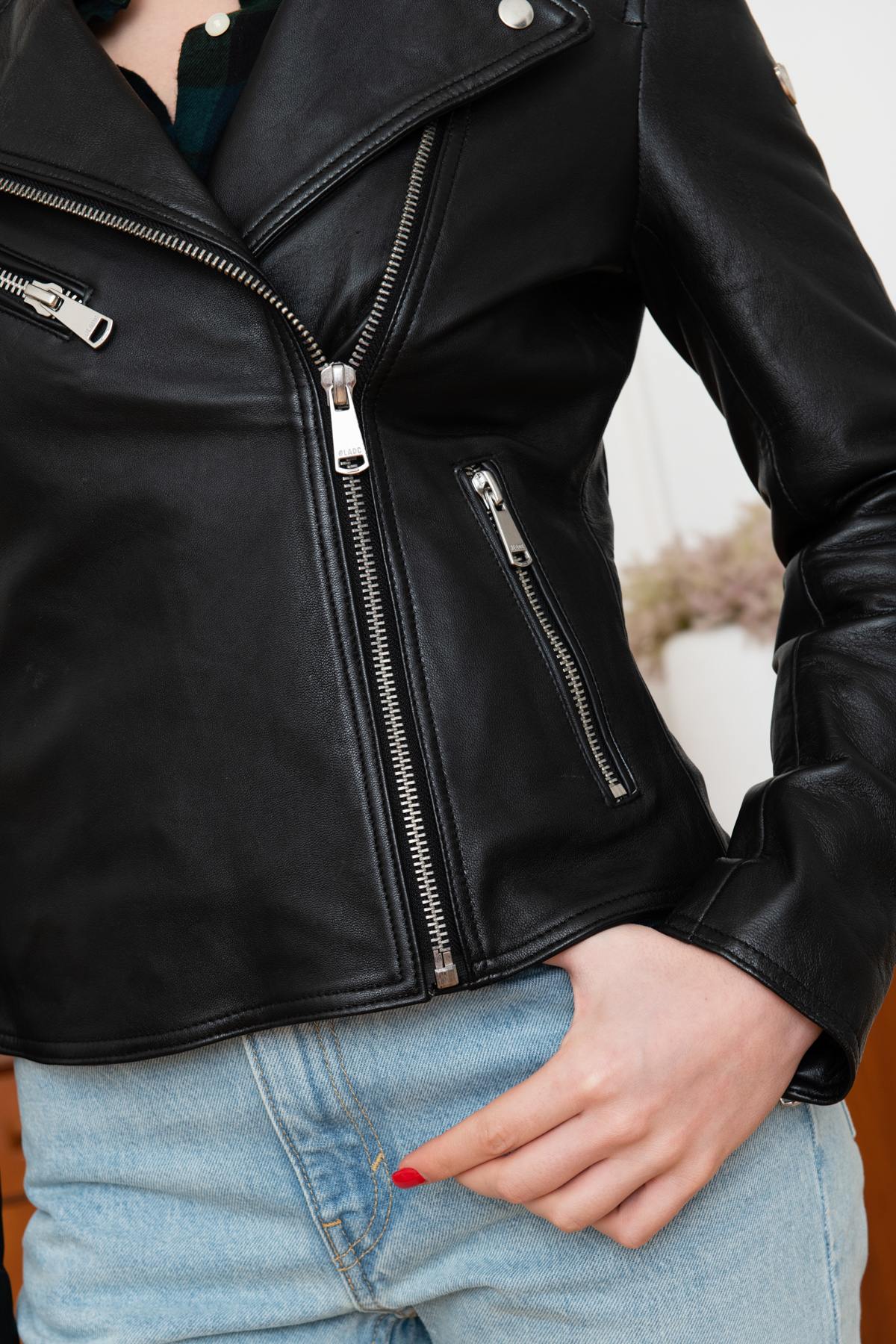  Sheepskin leather Biker Jacket with denim patch on the back - Image n°6