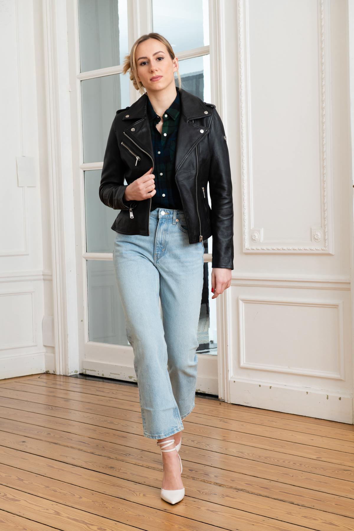  Sheepskin leather Biker Jacket with denim patch on the back - Image n°3