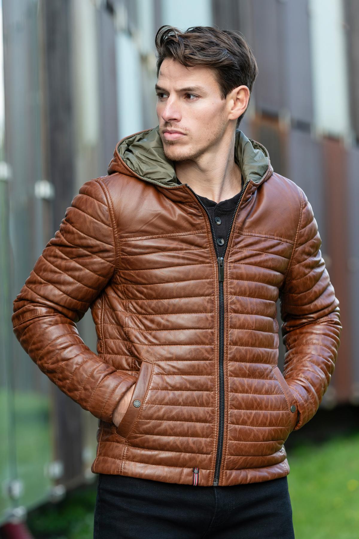 Men's down jacket with hood in cognac sheep leather - Image n°1