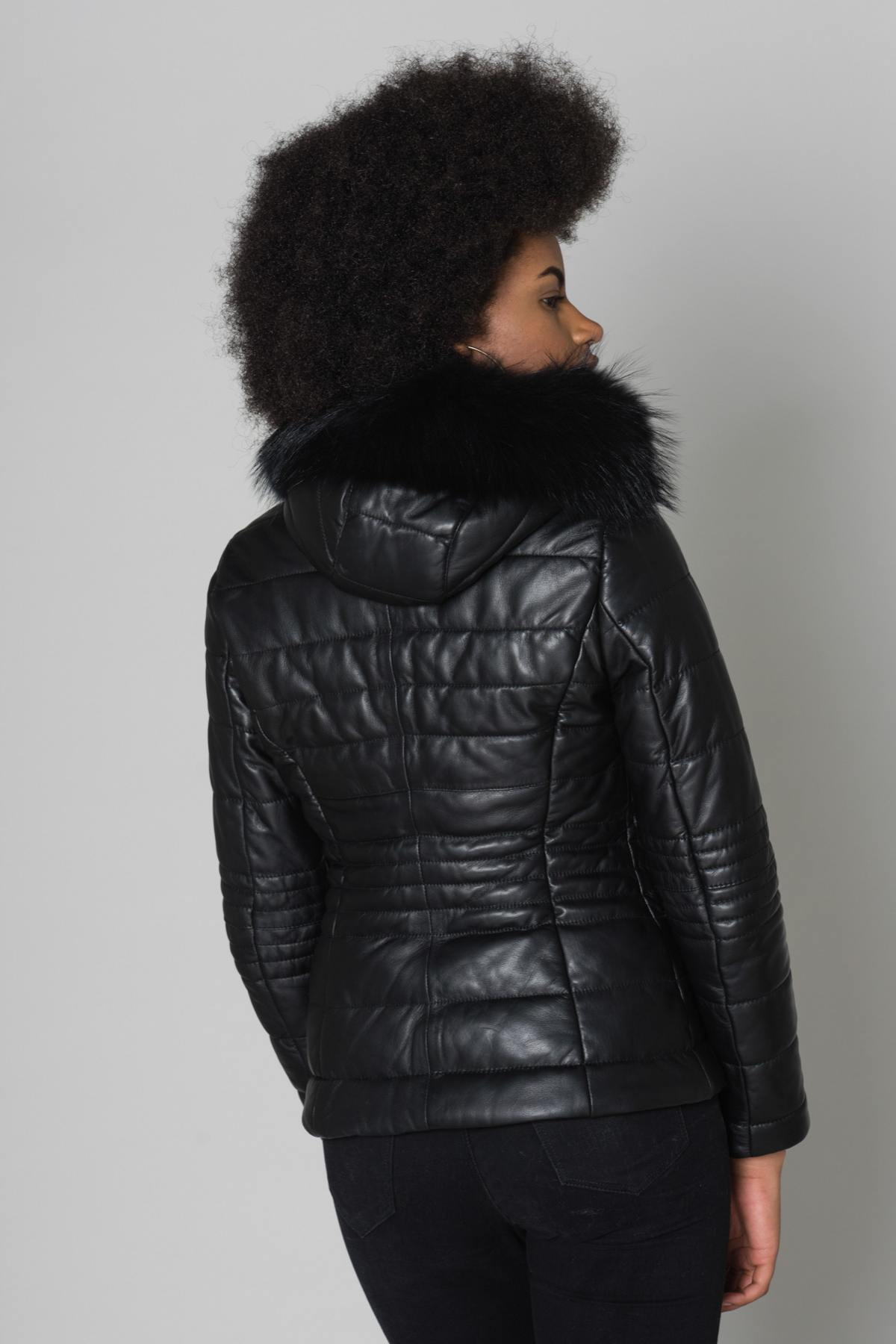 Women's down jacket in black sheepskin leather with black raccoon fur - Image n°7