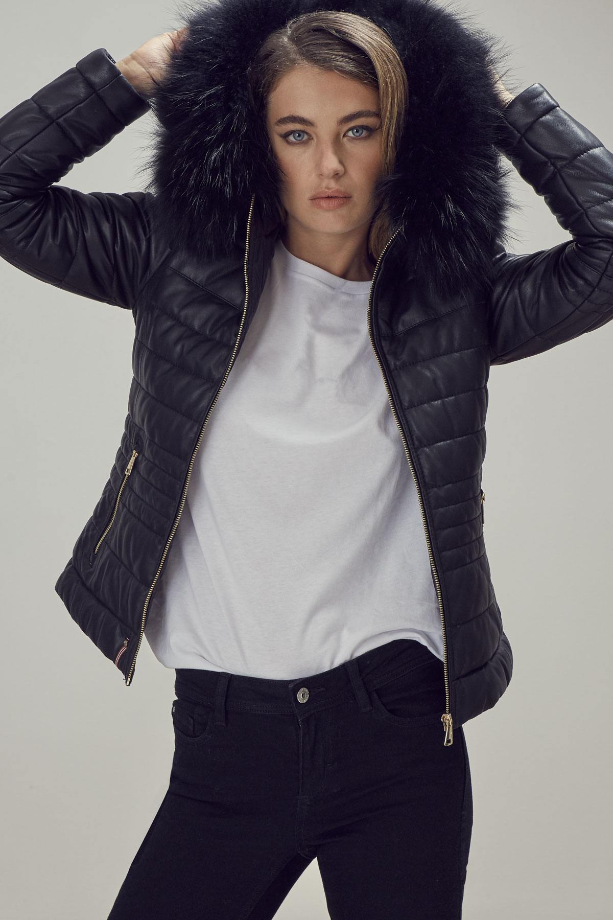 Women's down jacket in black sheepskin leather with black raccoon fur - Image n°8