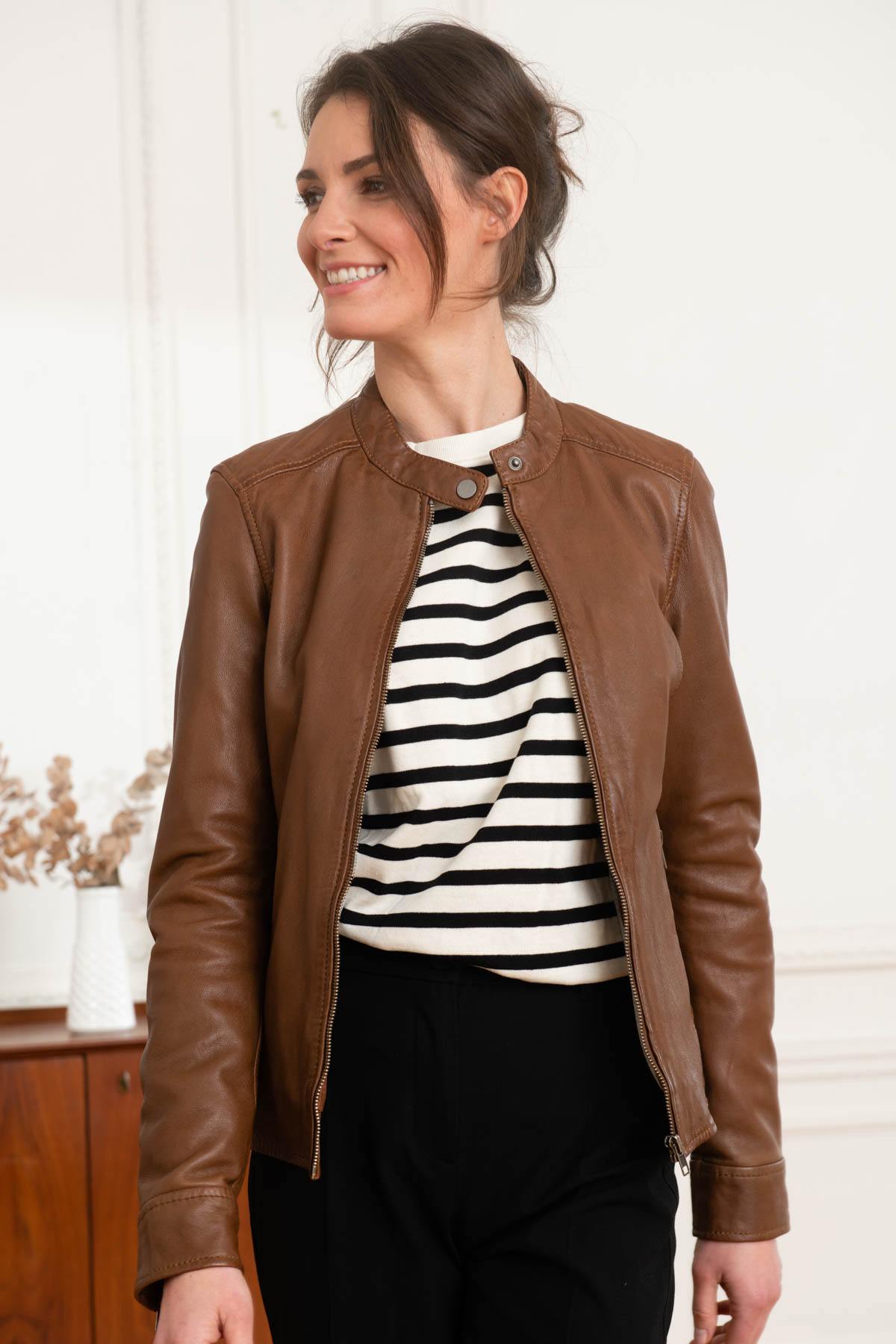 Round-neck sheepskin leather jacket - Image n°1