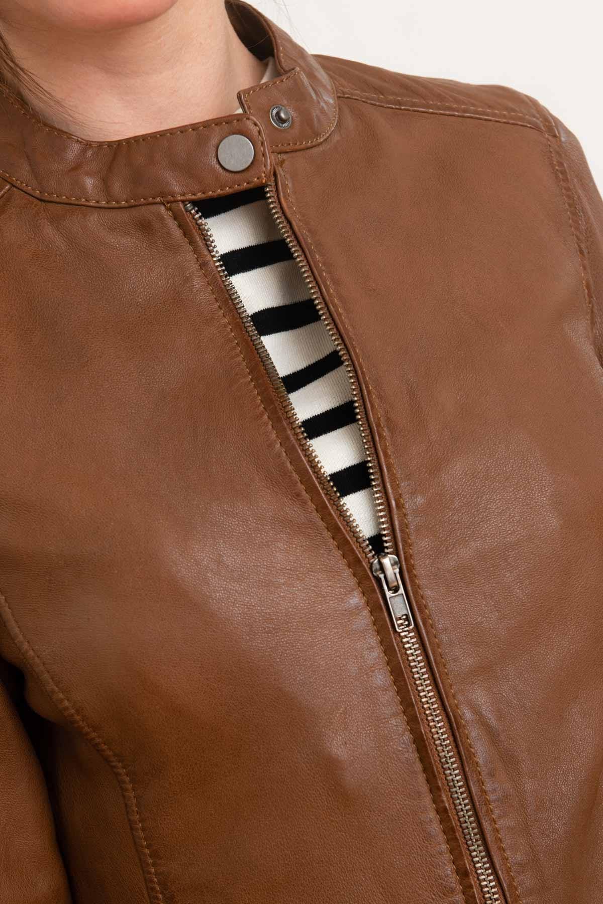 Round-neck sheepskin leather jacket - Image n°7