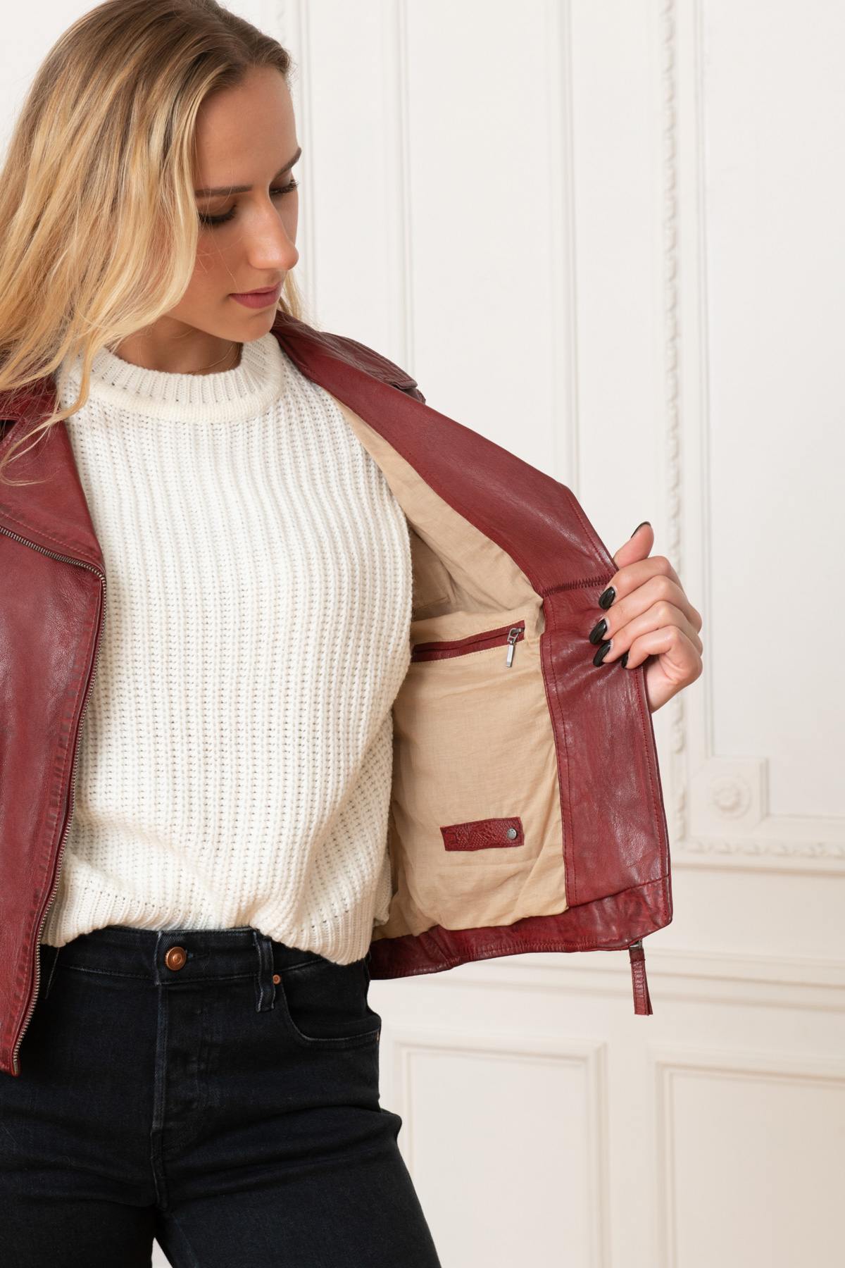 Red leather perfecto look jacket - Image n°5