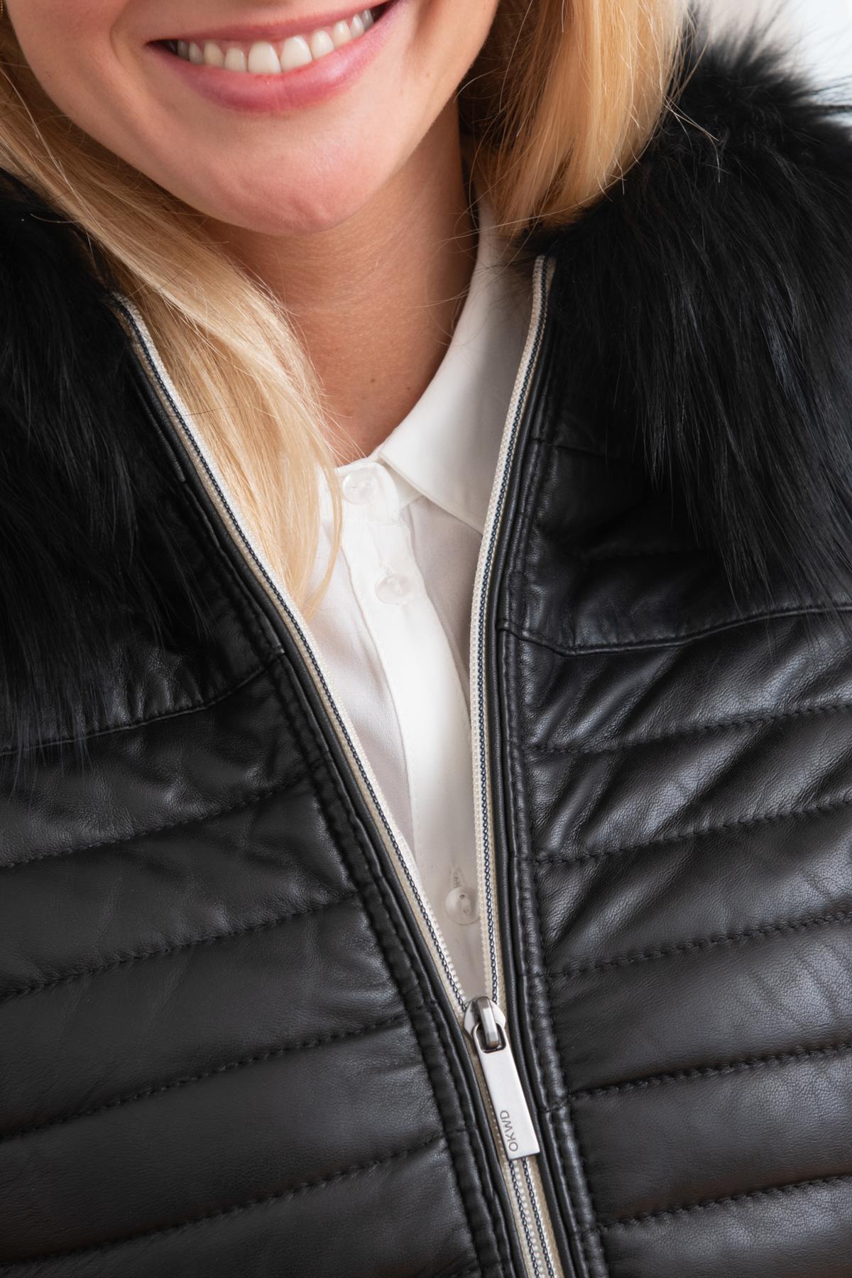 Black shiny effect sheepskin down jacket - Image n°7