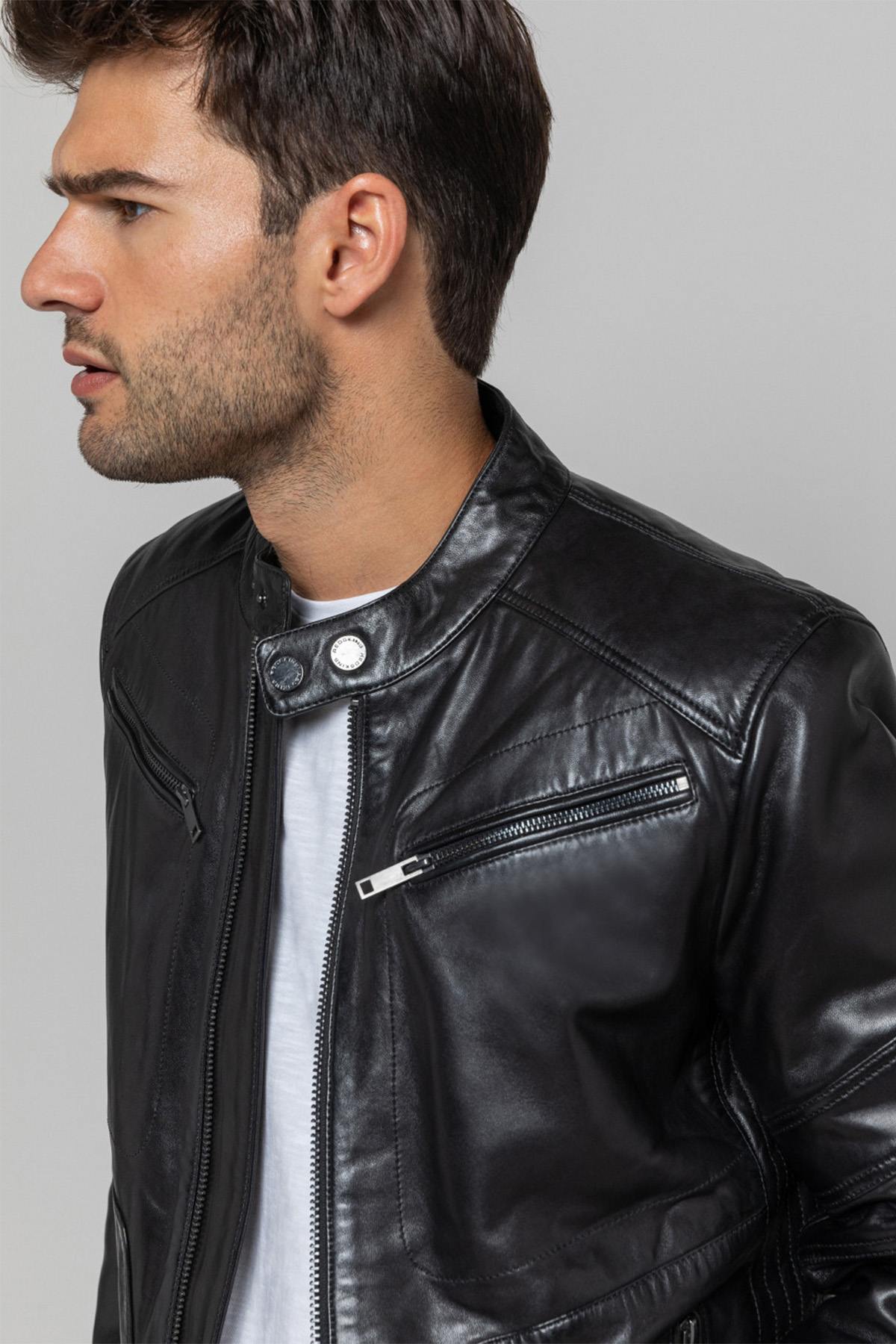 Men's sheepskin leather jacket with biker collar - Image n°5