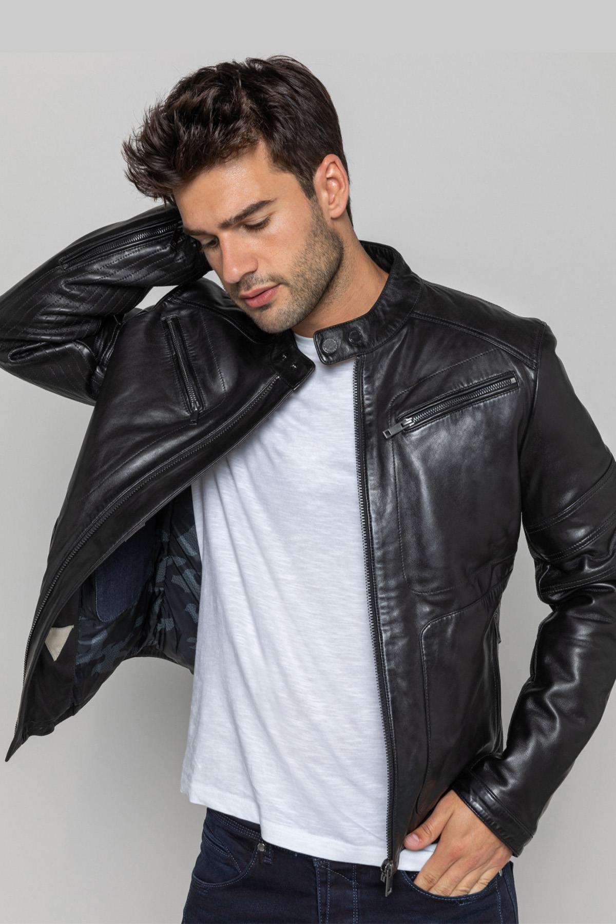 Men's sheepskin leather jacket with biker collar - Image n°2