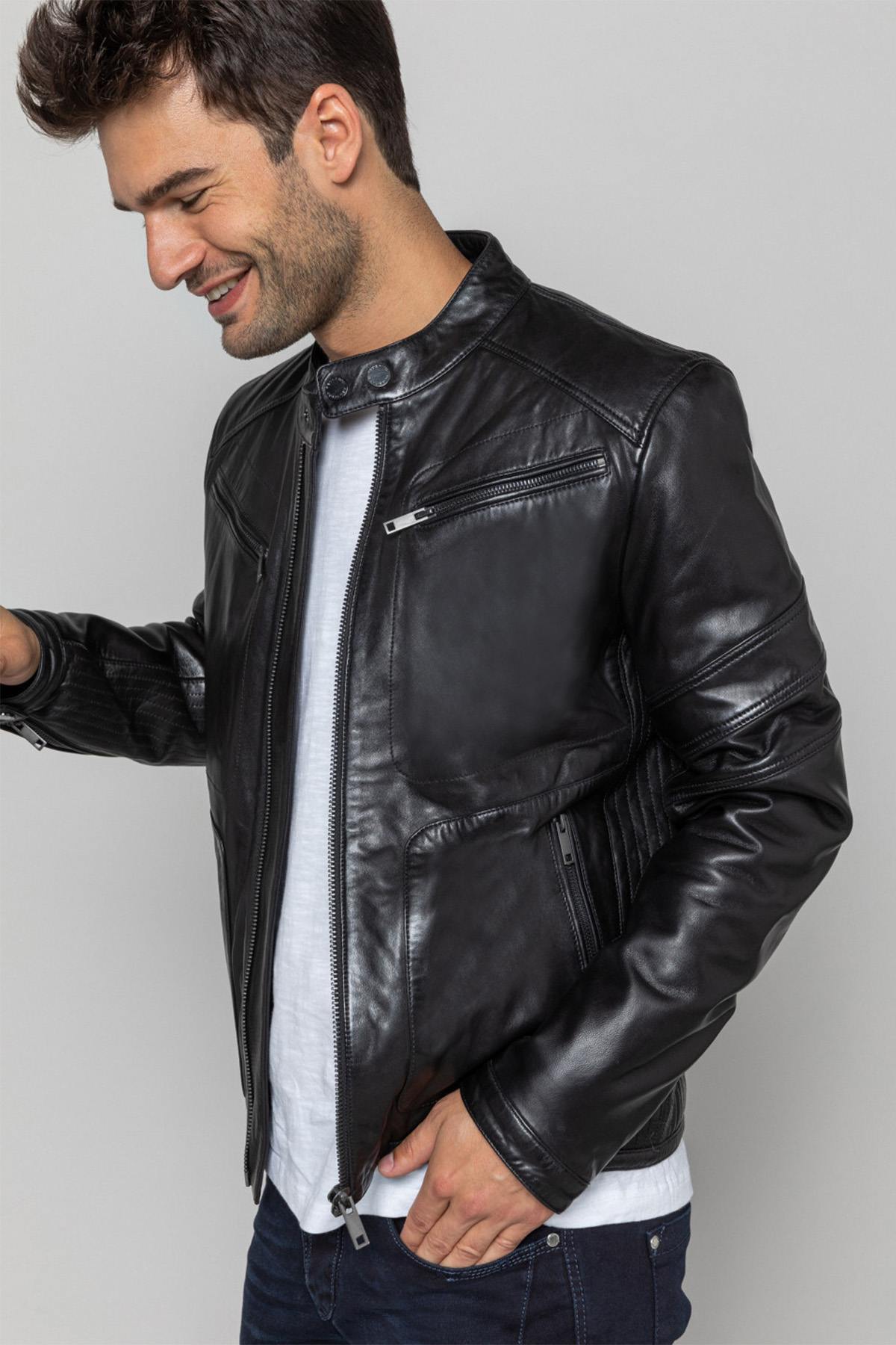 Men's sheepskin leather jacket with biker collar - Image n°4