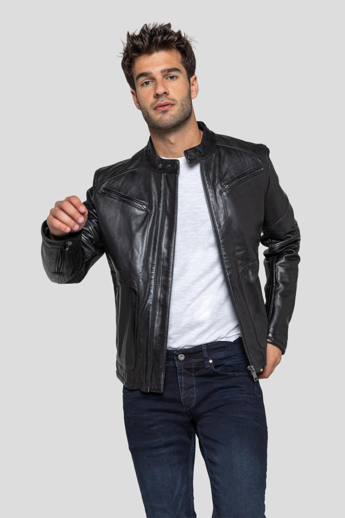 Men's sheepskin leather jacket with biker collar - Image n°1