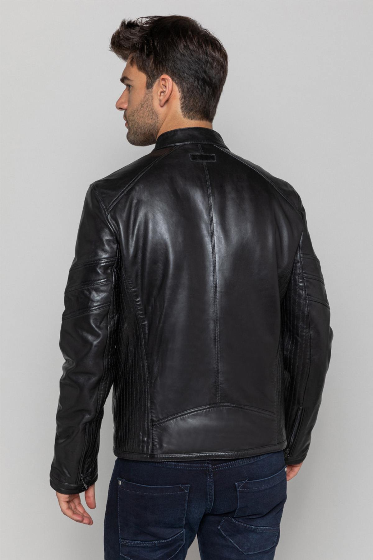 Men's sheepskin leather jacket with biker collar - Image n°3