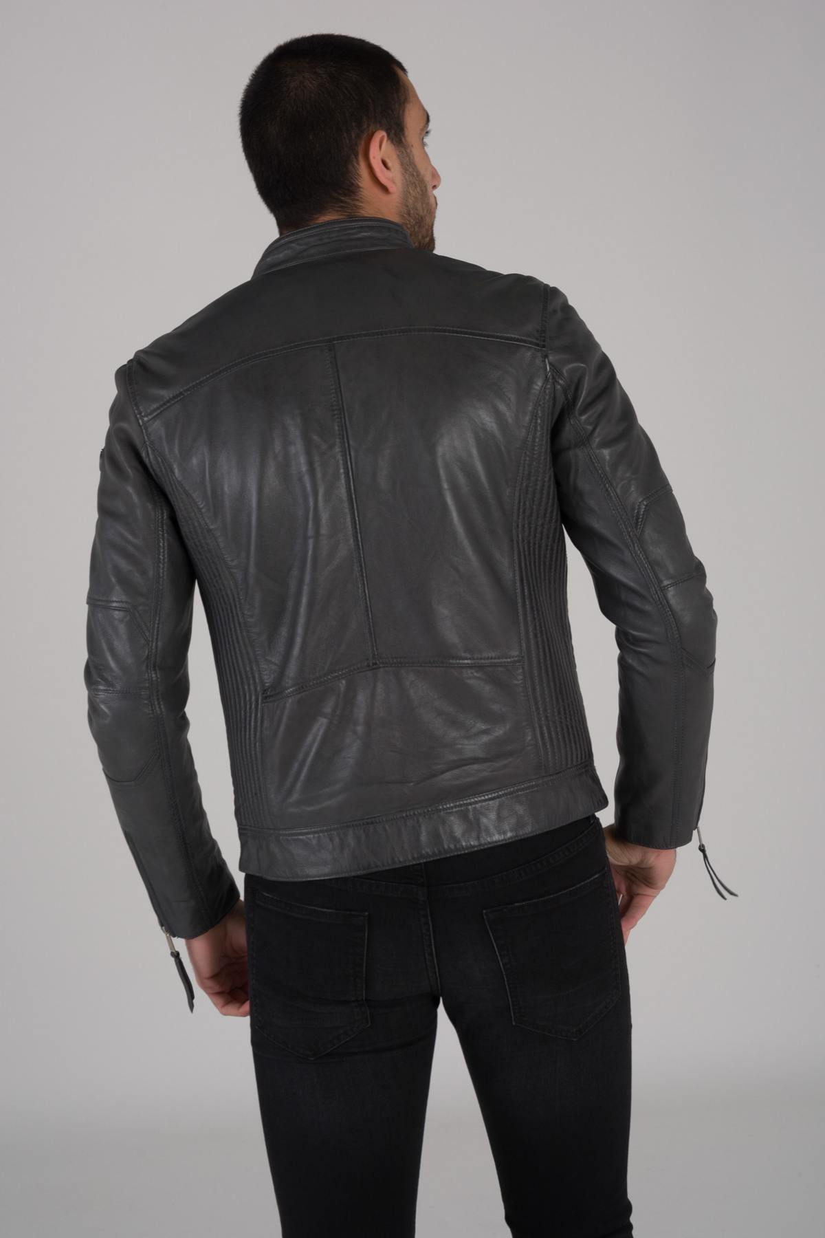 Elephant-colored leather biker collar jacket - Image n°4