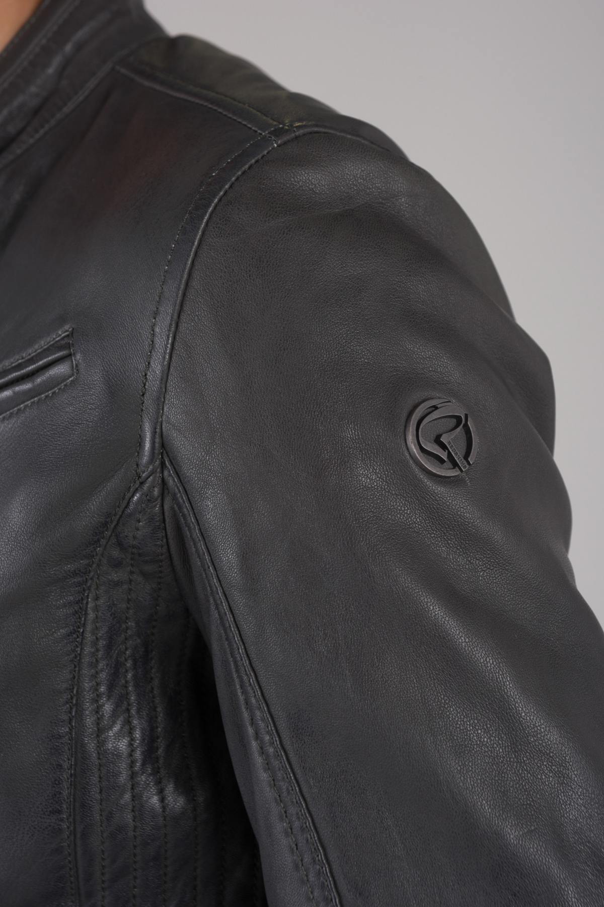 Elephant-colored leather biker collar jacket - Image n°6