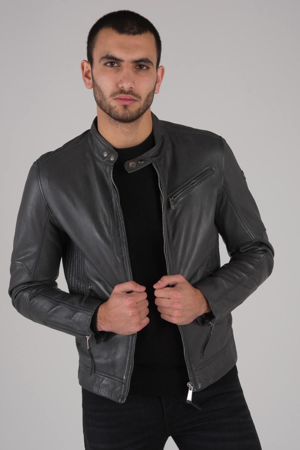 Elephant-colored leather biker collar jacket - Image n°3