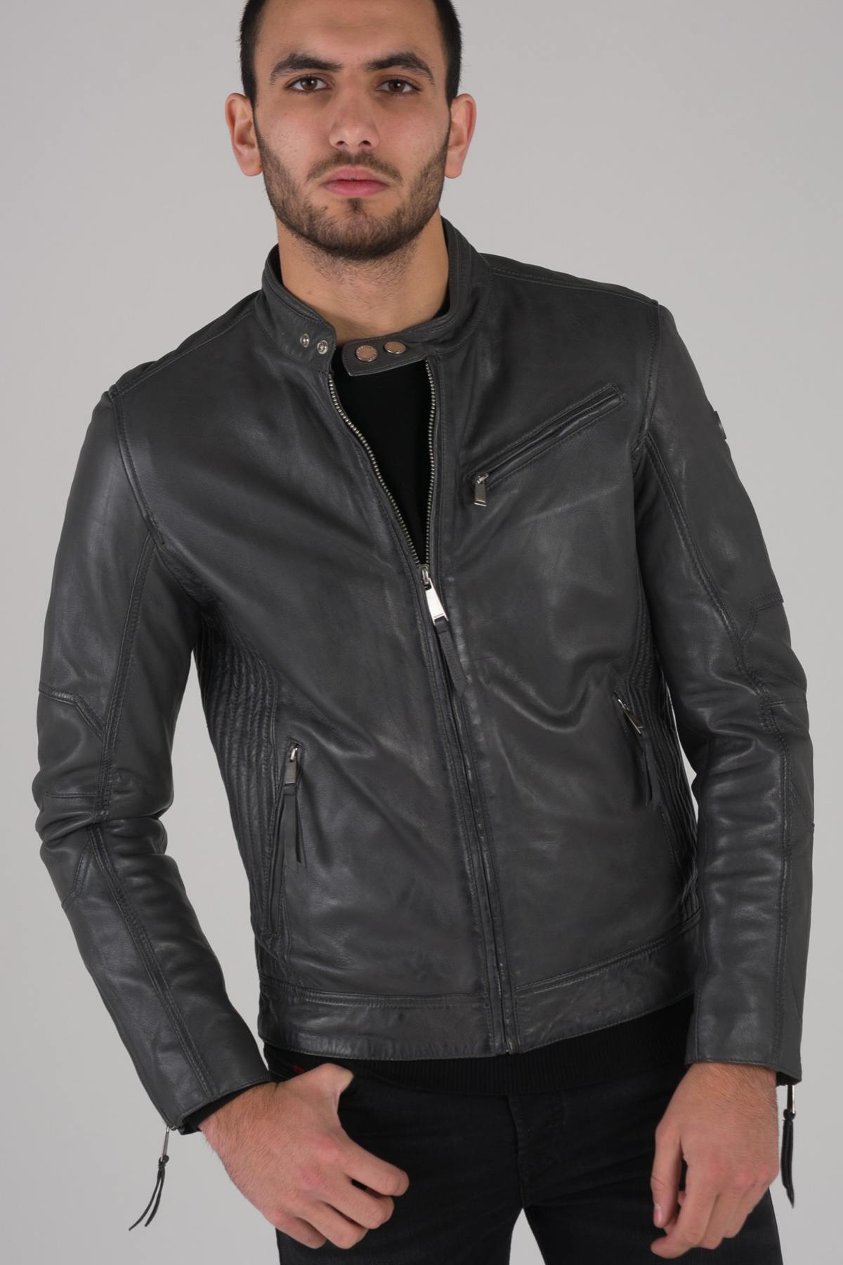 Elephant-colored leather biker collar jacket - Image n°1