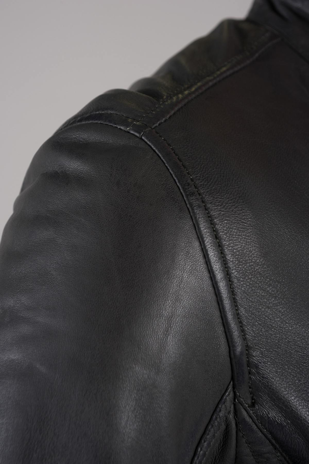 Elephant-colored leather biker collar jacket - Image n°7