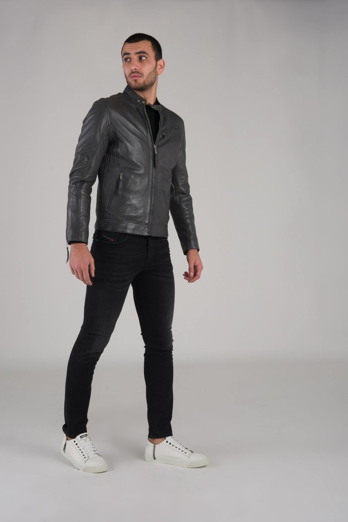 Elephant-colored leather biker collar jacket - Image n°2