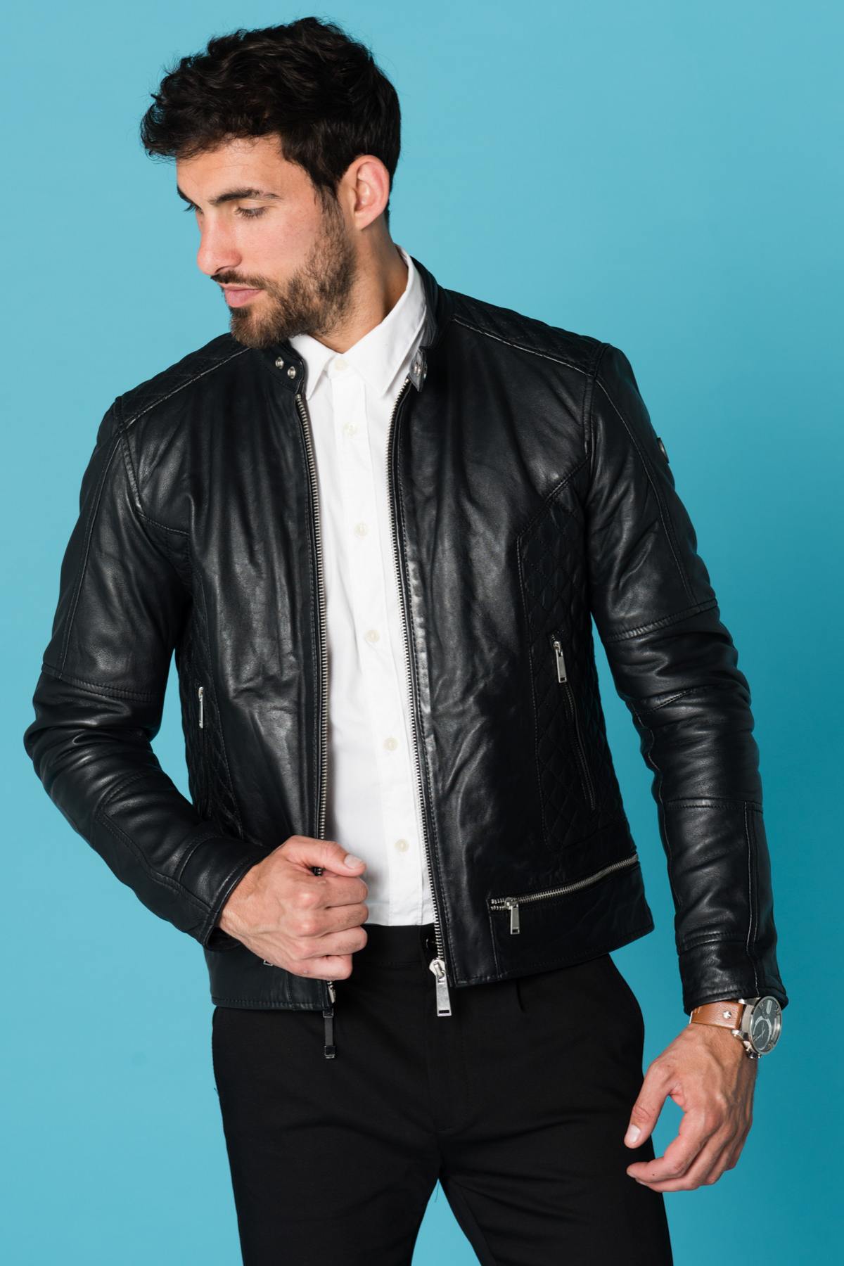 Redskins men's black quilted sheepskin leather jacket - Image n°5