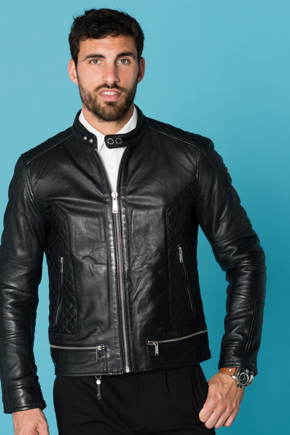 Redskins men's black quilted sheepskin leather jacket - Image n°3