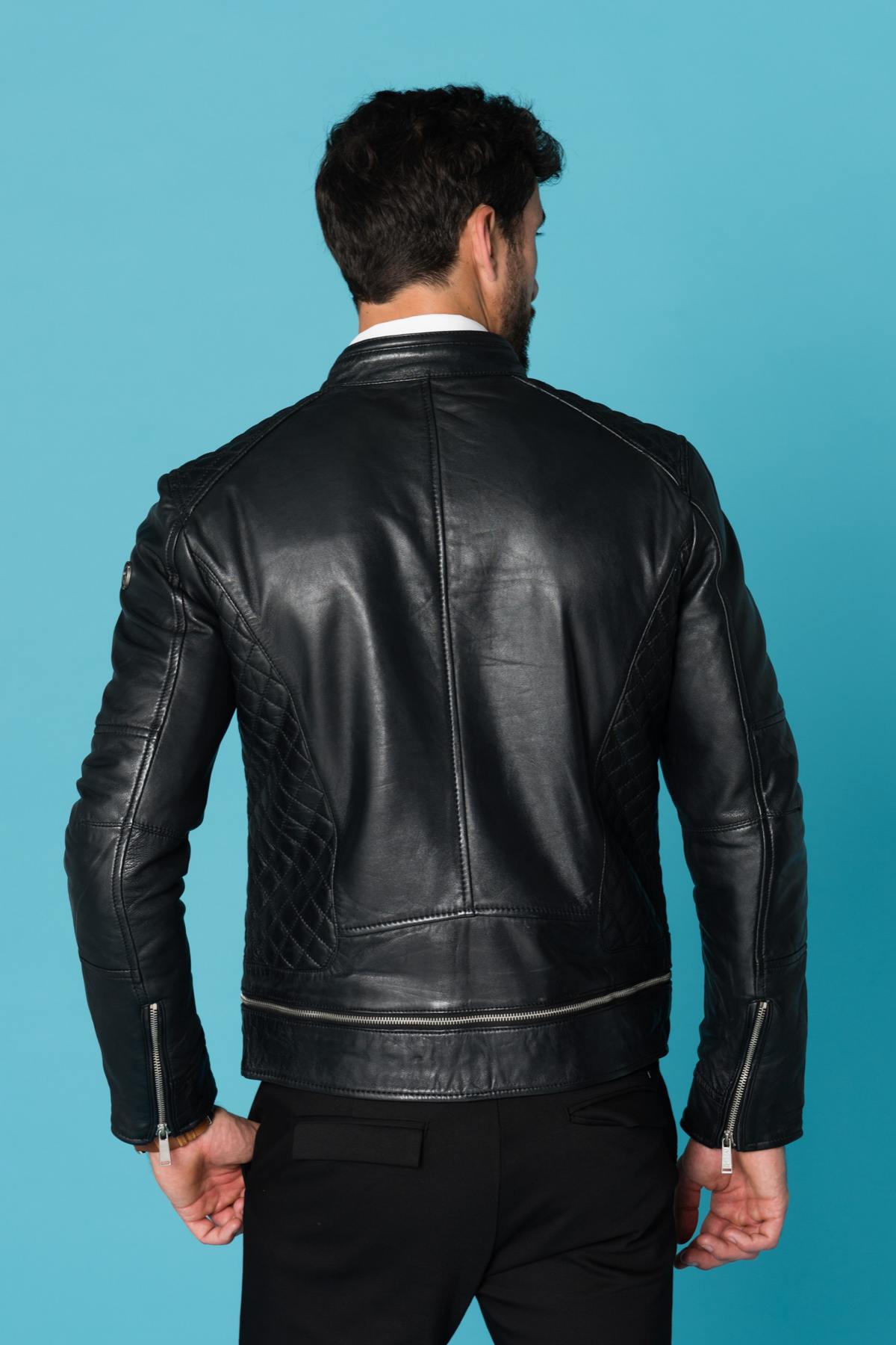 Redskins men's black quilted sheepskin leather jacket - Image n°8