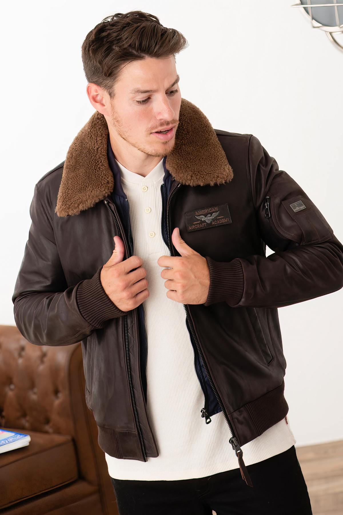 Brown cowhide leather bomber jacket - Image n°1