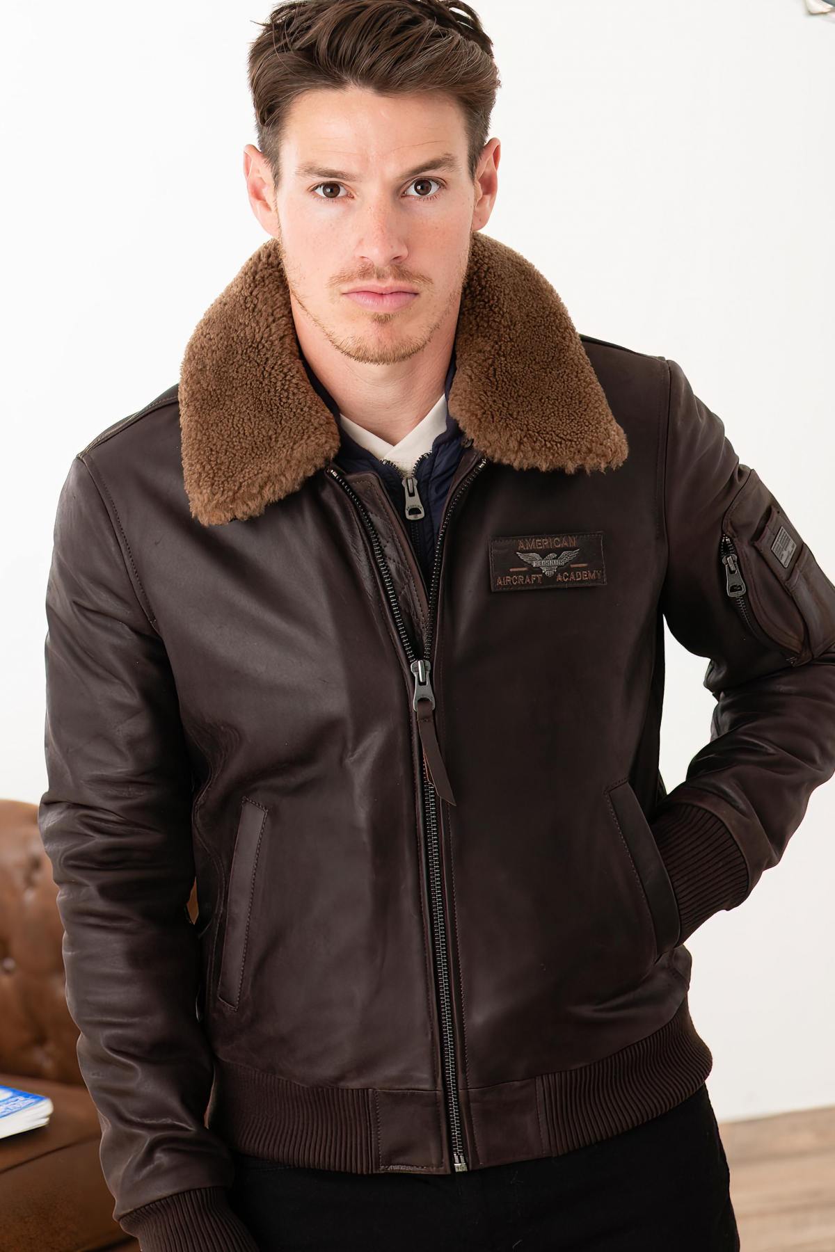 Brown cowhide leather bomber jacket - Image n°7