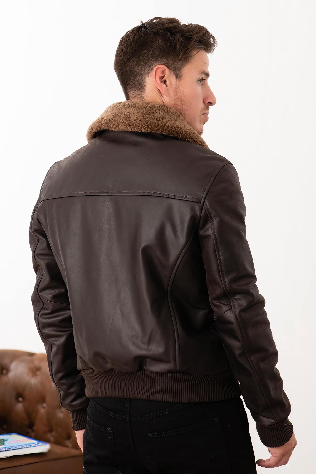 Brown cowhide leather bomber jacket - Image n°3