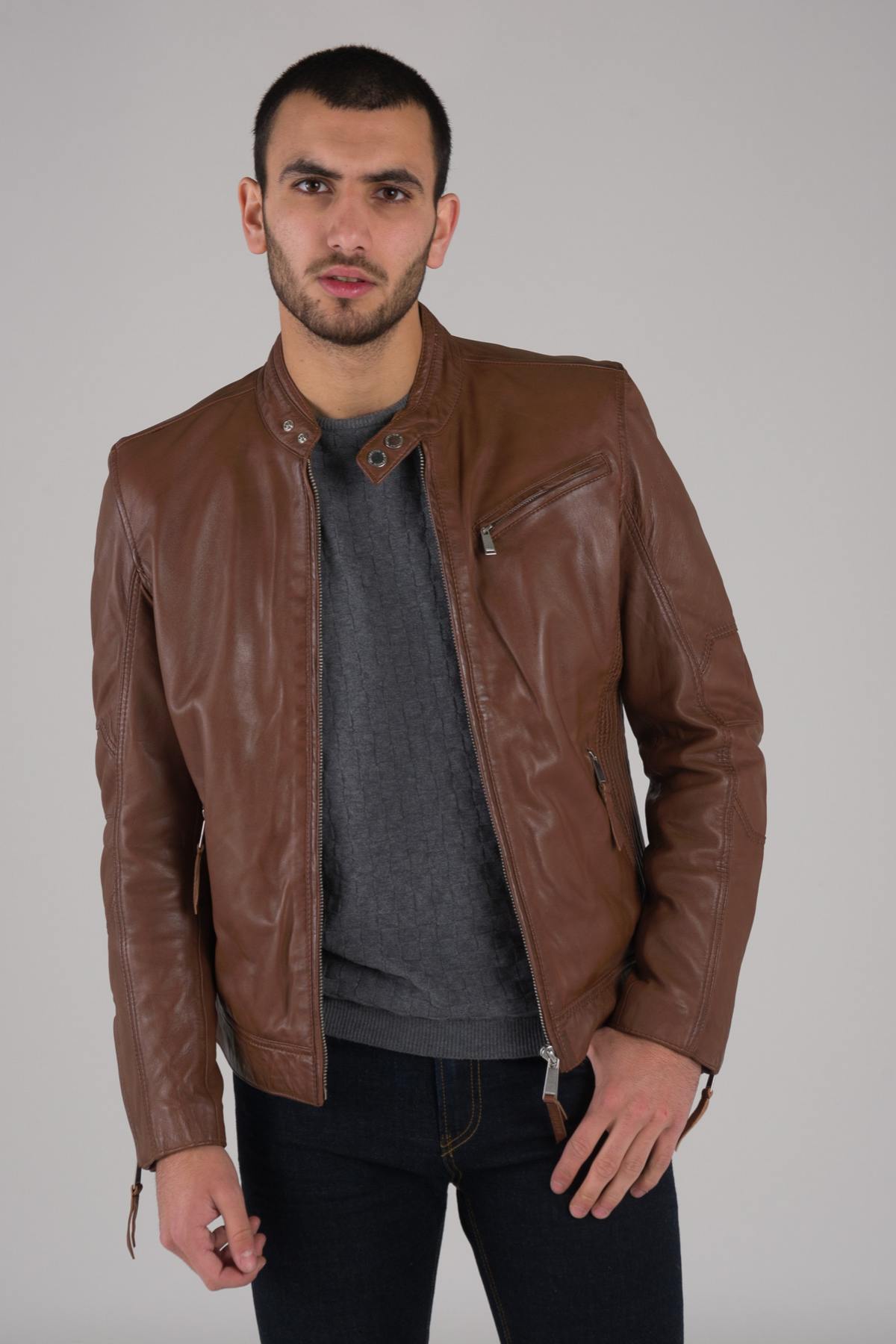 Redskins cognac sheepskin leather biker collar jacket - Image n°3