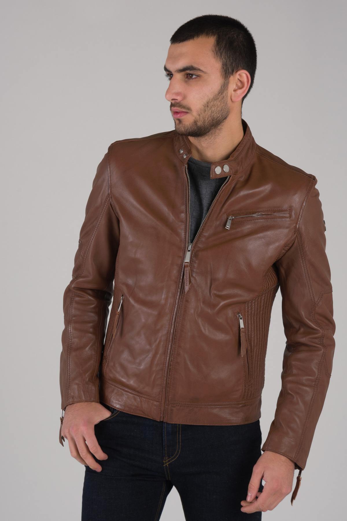 Redskins cognac sheepskin leather biker collar jacket - Image n°1