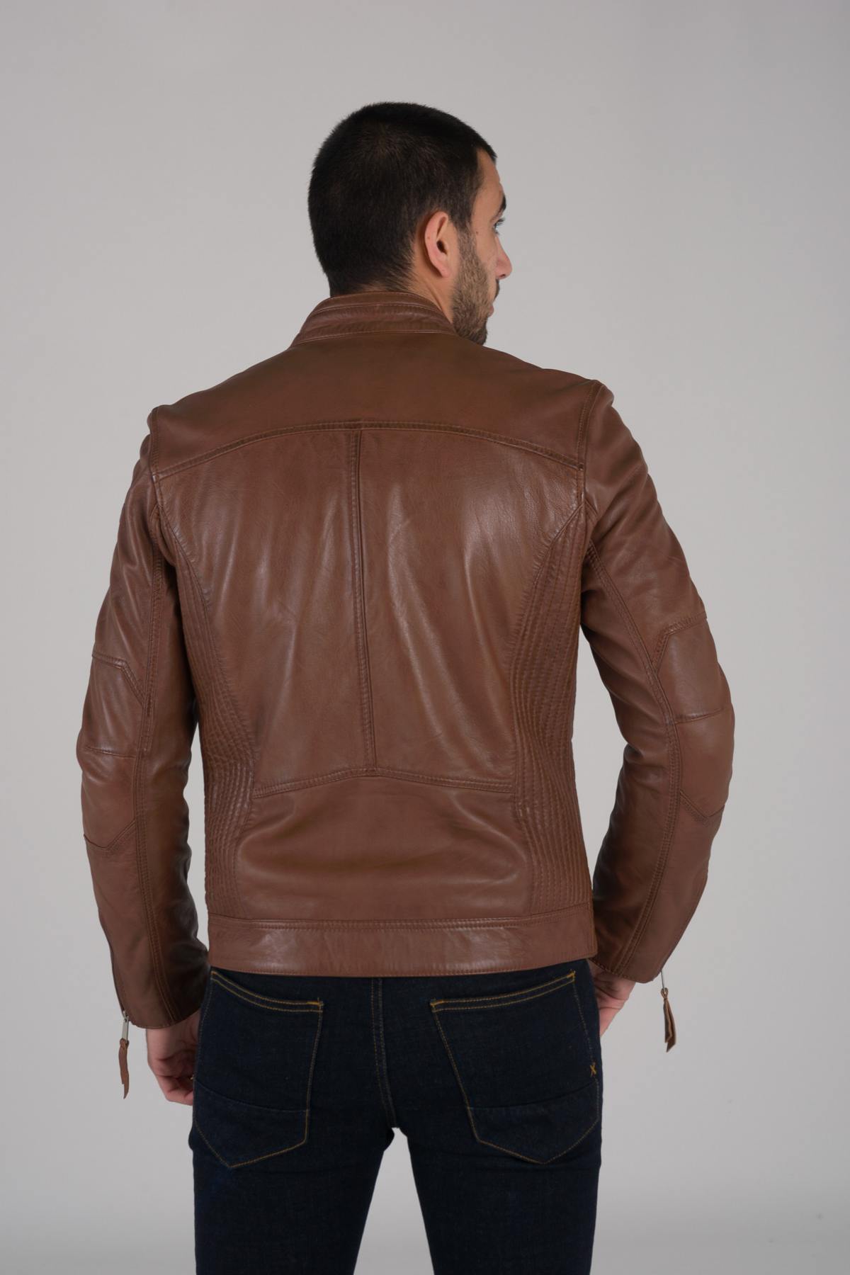 Redskins cognac sheepskin leather biker collar jacket - Image n°4