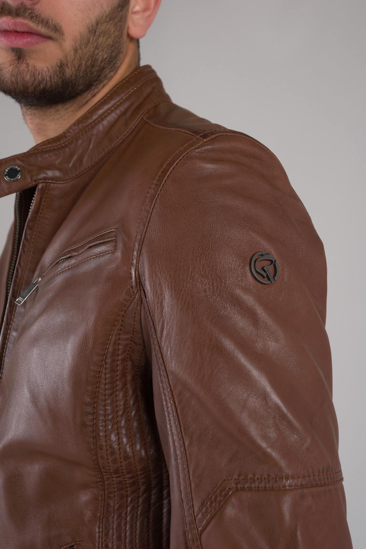 Redskins cognac sheepskin leather biker collar jacket - Image n°6