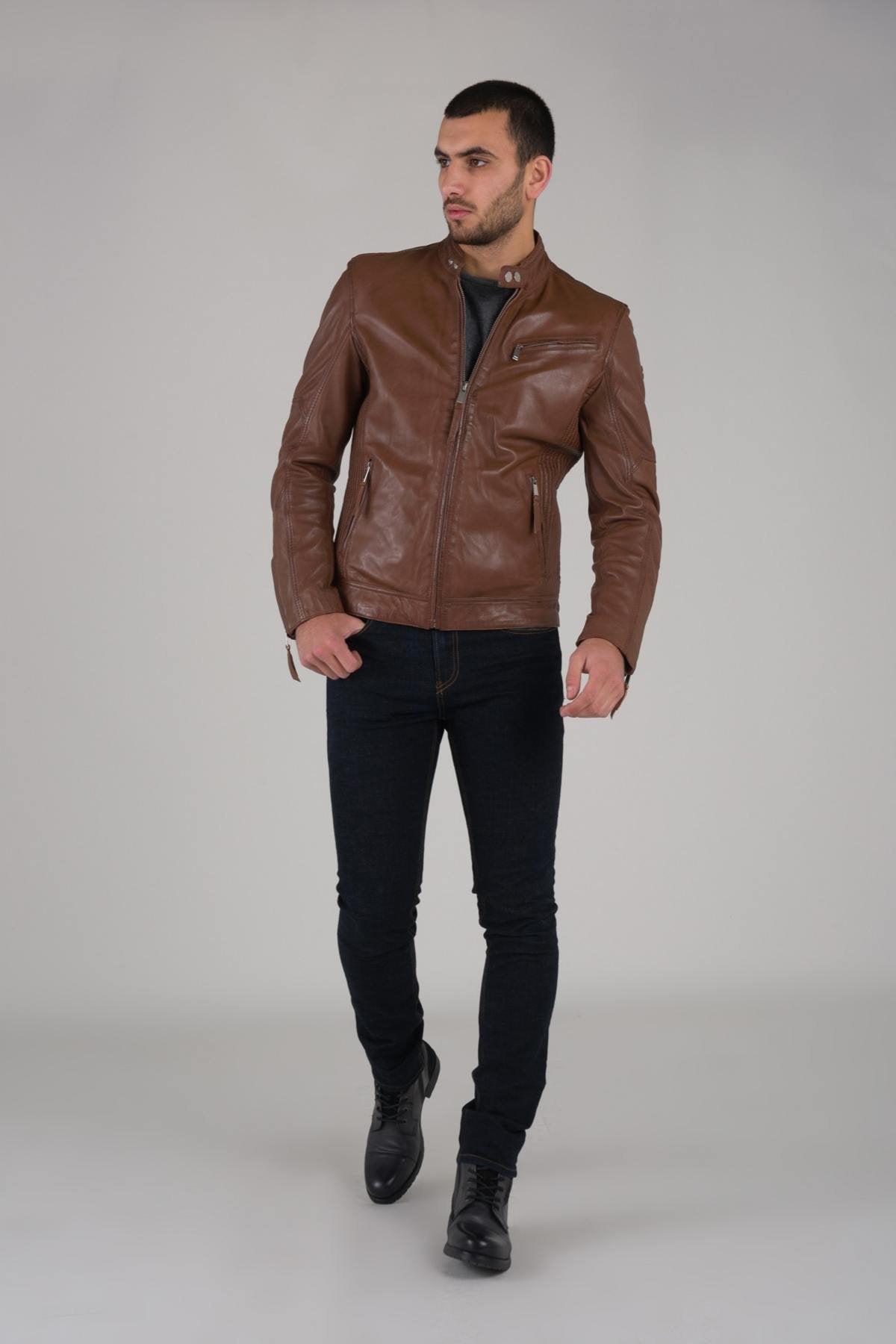 Redskins cognac sheepskin leather biker collar jacket - Image n°2