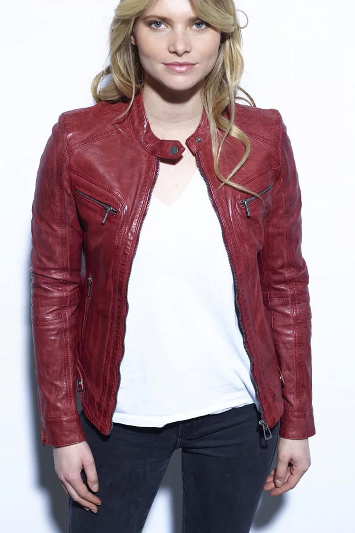 Women's Leather Biker Collar Jacket - Image n°12