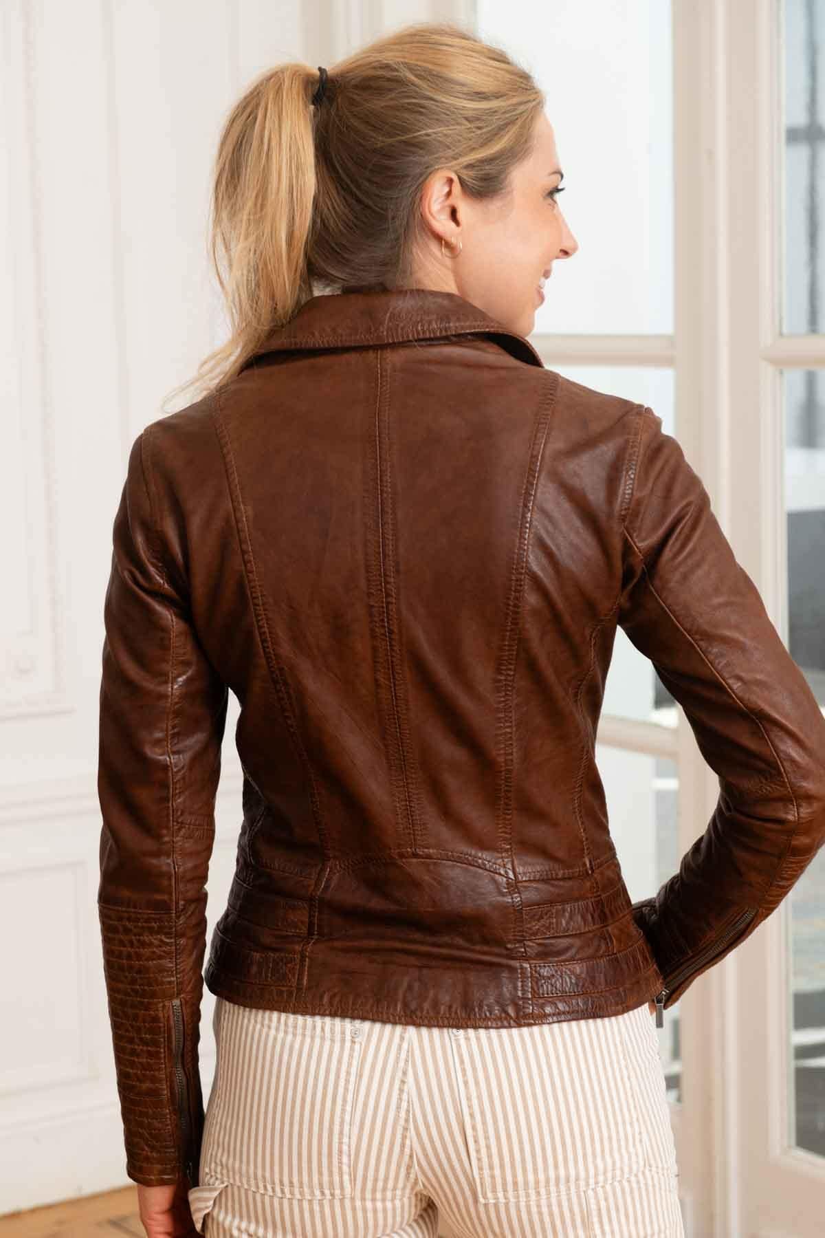 Women's leather Biker Jacket jacket in bison color - Image n°4