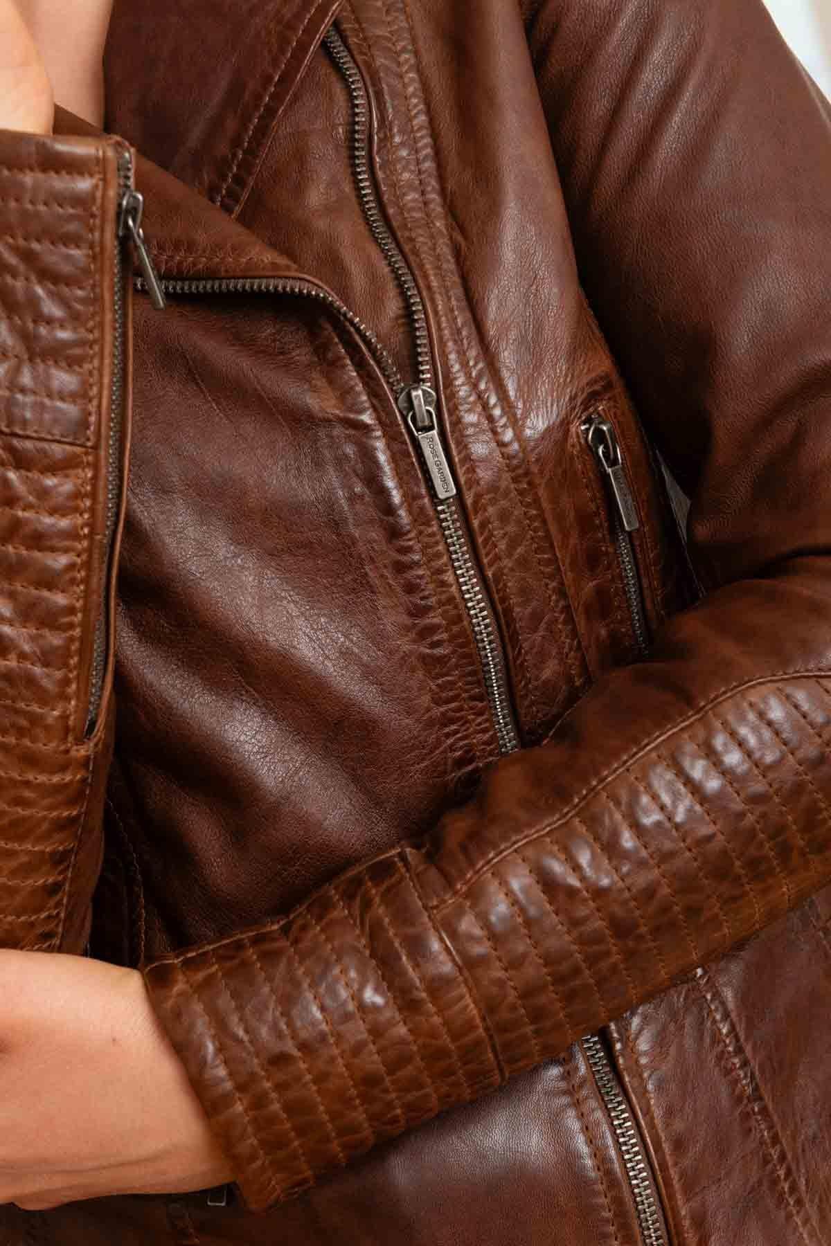 Women's leather perfecto jacket in bison color - Image n°2