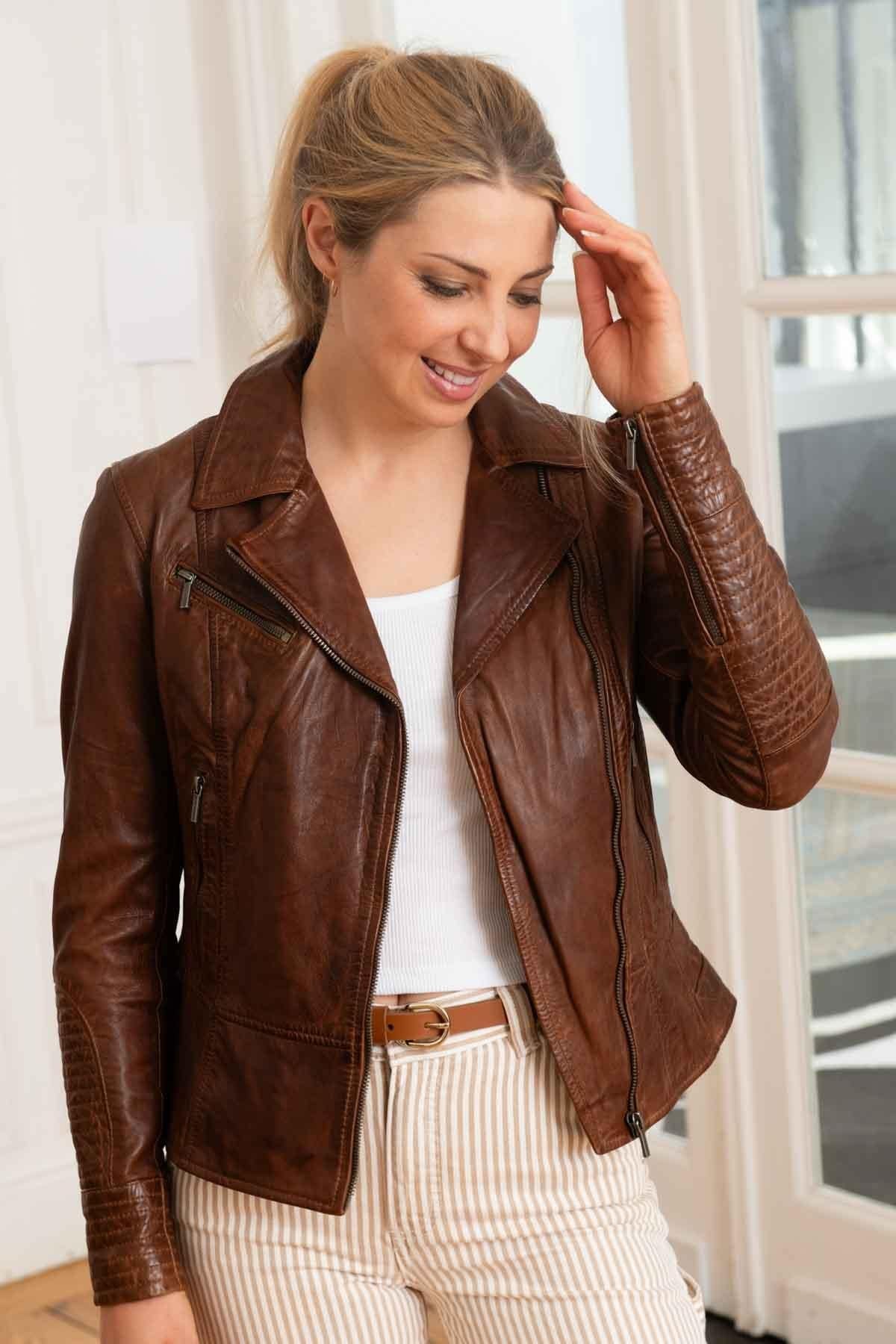 Women's leather Biker Jacket jacket in bison color - Image n°1