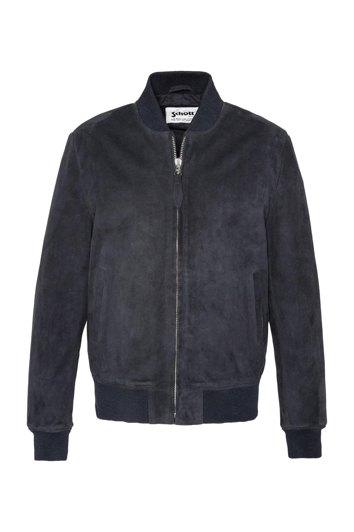 Navy blue suede leather bomber jacket - Image n°6