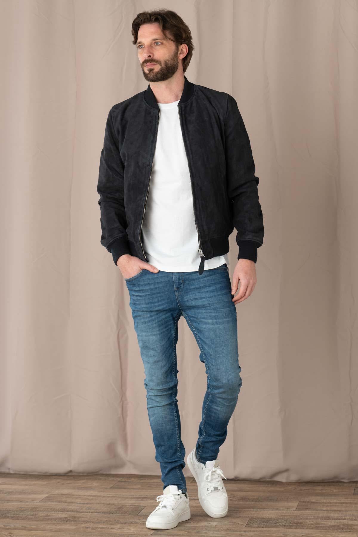 Navy blue suede leather bomber jacket - Image n°3